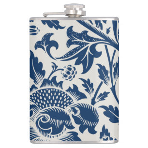 Antique Ornamental Floral white on navy Hip Flask