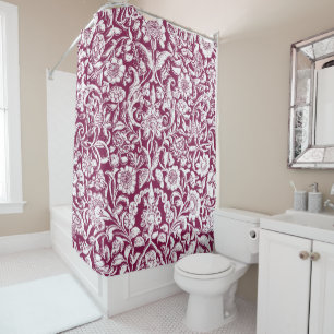 Antique Ornamental Floral white on red Shower Curtain