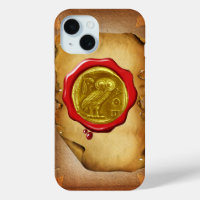 ANTIQUE OWL GOLD YELLOW RED WAX SEAL parchment