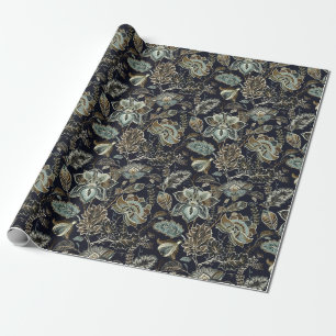 Antique Paisley flowers black background pattern Wrapping Paper