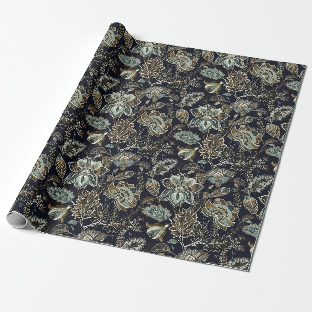 Antique Paisley flowers black background pattern Wrapping Paper (Unrolled)