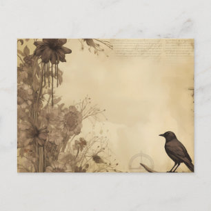 Antique Paper Black Bird and Flowers Halloween Holiday Postcard