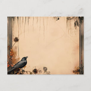 Antique Paper Black Bird and Flowers Halloween Holiday Postcard