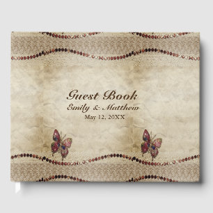Antique Parchment, Lace, Shiny Beads & Butterfly Guest Book