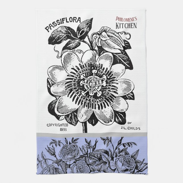 Antique Passion Flower - Choice of Text Periwinkle Tea Towel (Vertical)