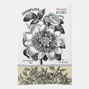 Antique Passion Flower - Your Choice of Text Tea Towel