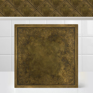 Antique Patinated Brass Engraved Damask Pattern Ceramic Tile