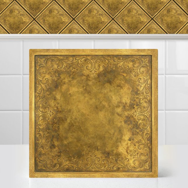 Antique Patinated Gold Engraved Damask Pattern Ceramic Tile (Antique Patinated Gold Engraved Damask Pattern Ceramic Tile)