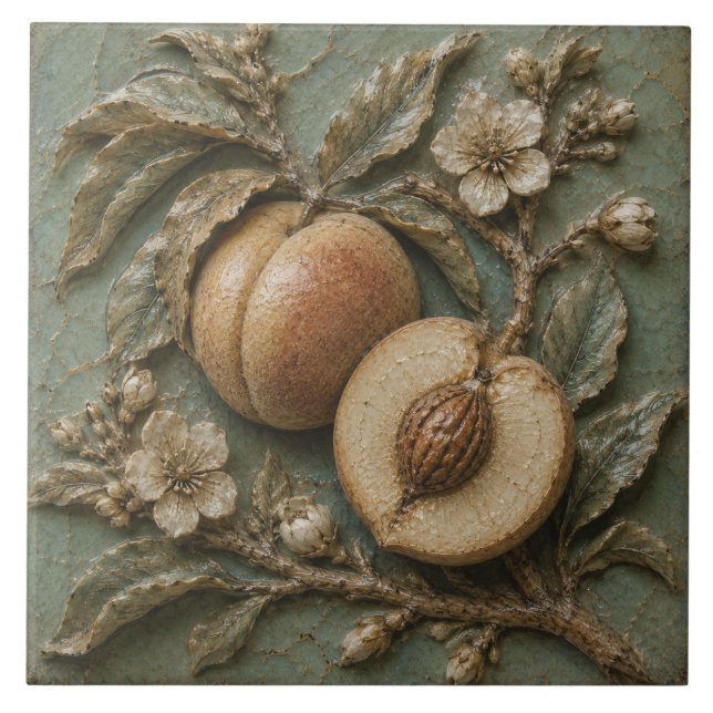 Antique Peach Branch Botanical Faux Relief Ceramic Tile (Front)