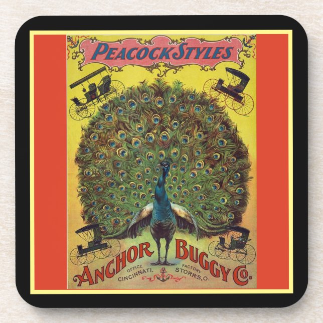 Antique peacock buggy company advertisement red coaster (Front)