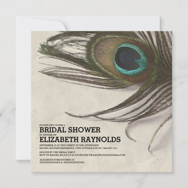 Antique Peacock Feathers Bridal Shower Invitations (Front)