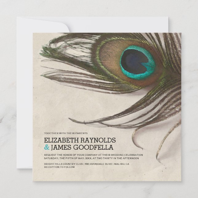 Antique Peacock Feathers Wedding Invitations (Front)
