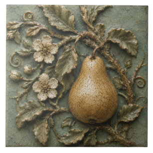 Antique Pear Branch Botanical Faux Relief Ceramic Tile