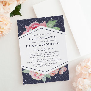 Antique Peony Baby Shower Invitation   Navy