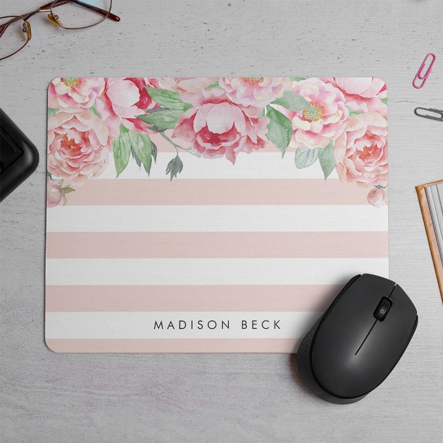 Antique Peony & Blush Pink Stripe Mouse Pad (Creator Uploaded)