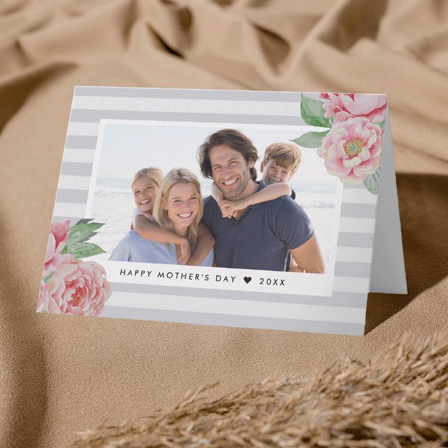 Antique Peony Stripe | Mother's Day Photo Card (Creator Uploaded)