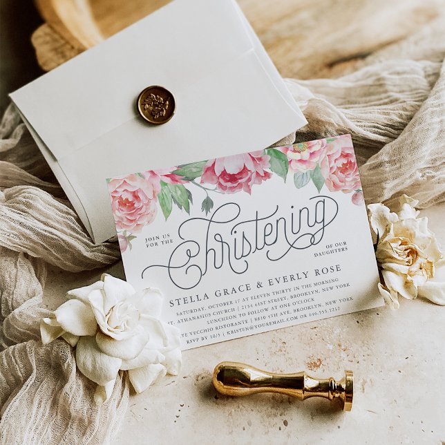 Antique Peony Twins Christening Invitations (Creator Uploaded)