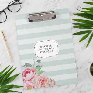 Antique Peony   Watercolor Floral Striped Clipboard