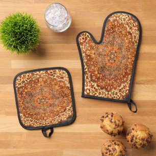 Antique Persian Carpet Look Oven Mitt & Pot Holder Set