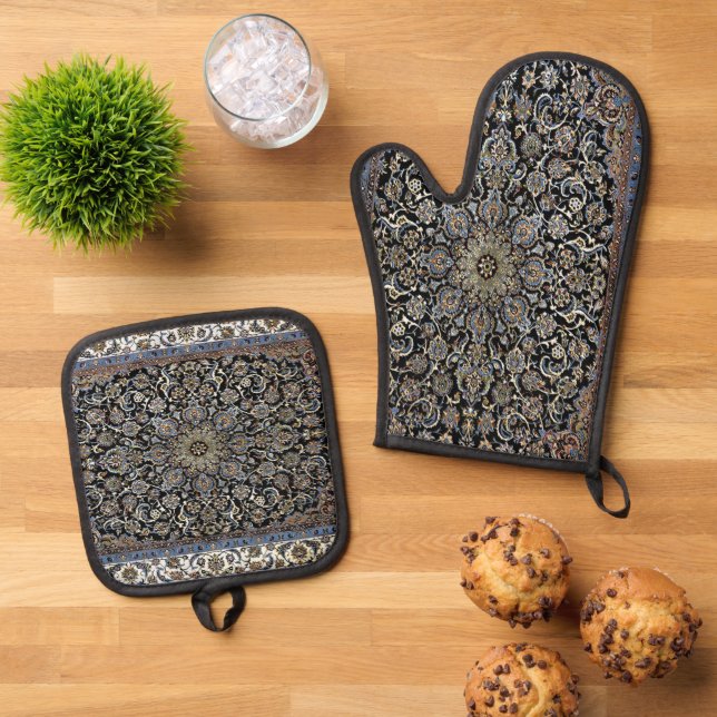 Antique Persian Carpet Oven Mitt & Pot Holder Set (Top Down)