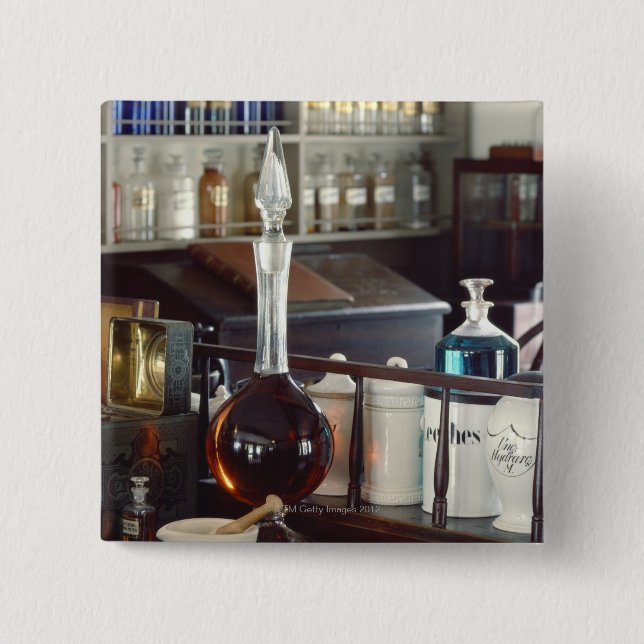 Antique pharmacy bottles 15 cm square badge (Front)