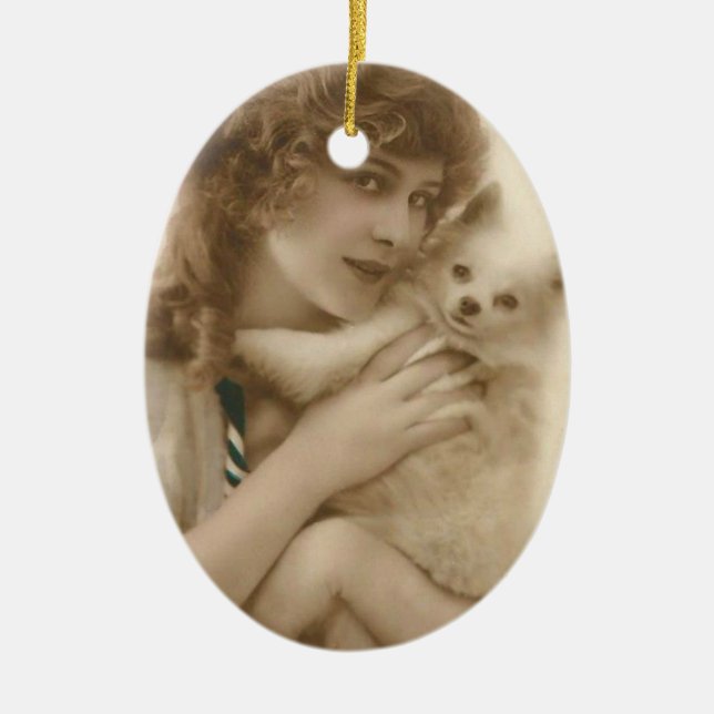 Antique Photo Victorian Woman and Dog Ceramic Ornament (Front)