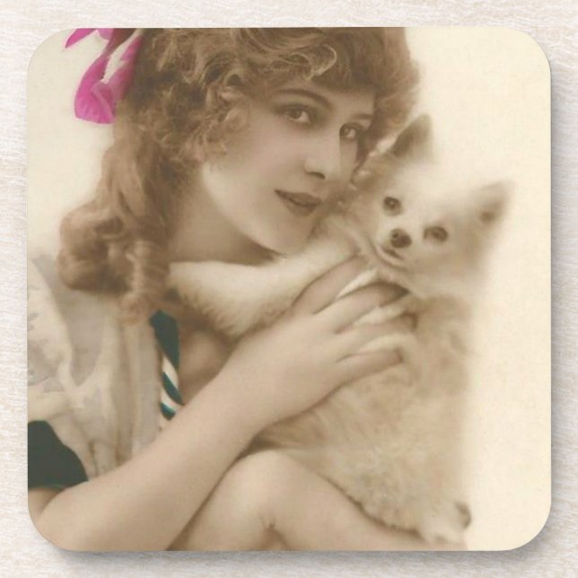 Antique Photo Victorian Woman and Dog Coaster (Front)