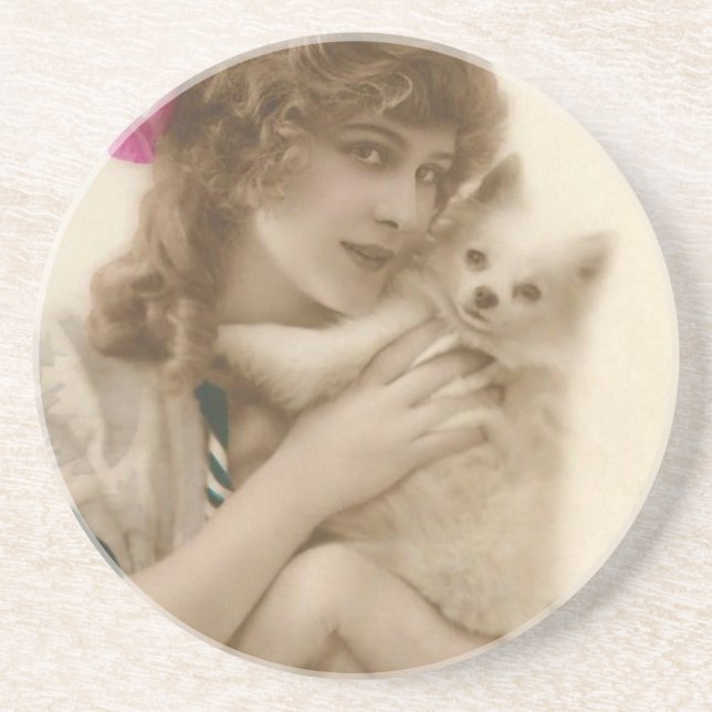 Antique Photo Victorian Woman and Dog Coaster (Front)