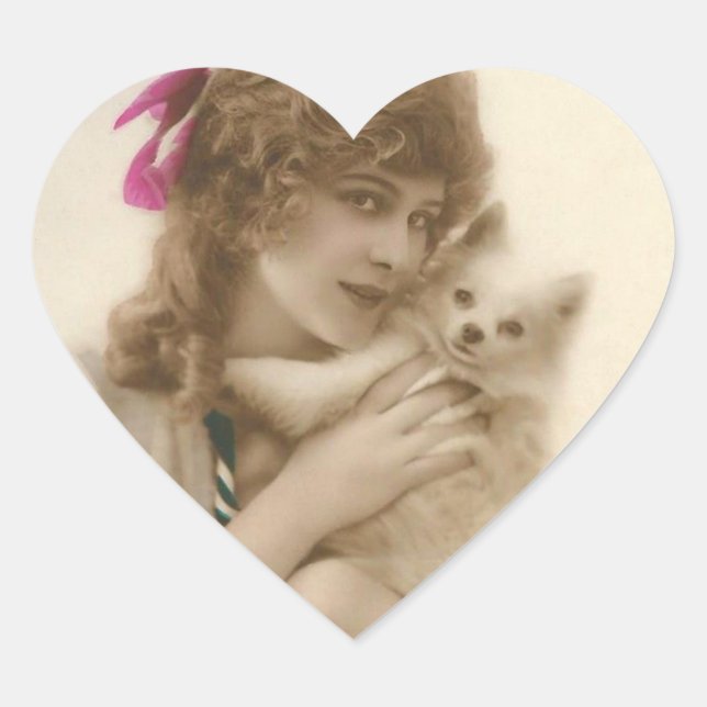 Antique Photo Victorian Woman and Dog Heart Sticker (Front)