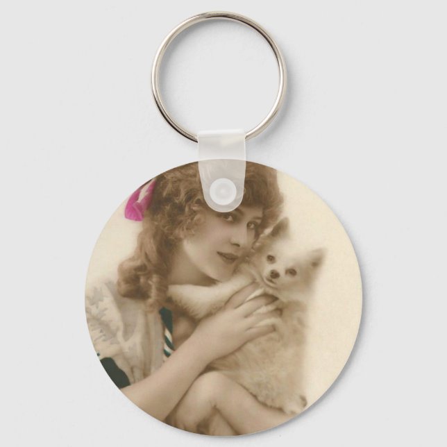 Antique Photo Victorian Woman and Dog Key Ring (Front)