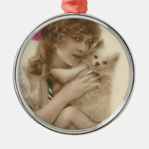 Antique Photo Victorian Woman and Dog Metal Tree Decoration