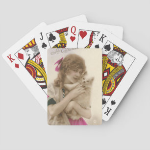 Antique Photo Victorian Woman and Dog Playing Cards