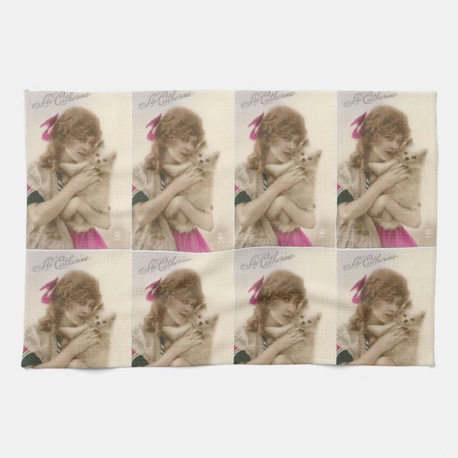 Antique Photo Victorian Woman and Dog Tea Towel (Horizontal)