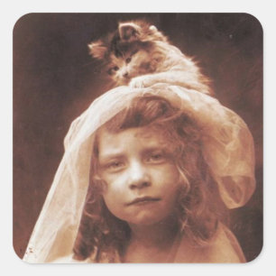 Antique Photograph Girl Cat on Head Funny Square Sticker
