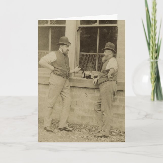 Antique photograph two men drinking beer card (Front)