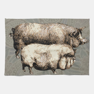 Antique Pigs Vintage piggy drawing Tea Towel