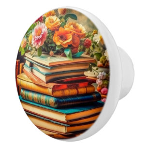 Antique Pile of Vintage Books and Flowers Ceramic Knob