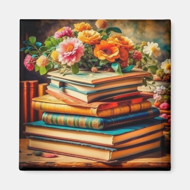 Antique Pile of Vintage Books and Flowers Magnet (Front)