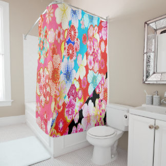Antique Pink Blue Red Japanese Kimono Floral  Shower Curtain