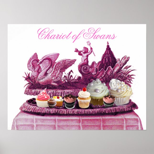 ANTIQUE PINK CHARIOT OF SWANS AND CUPCAKES POSTER (Front)