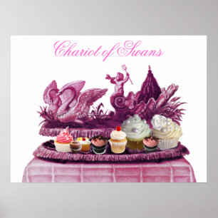 ANTIQUE PINK CHARIOT OF SWANS AND CUPCAKES POSTER