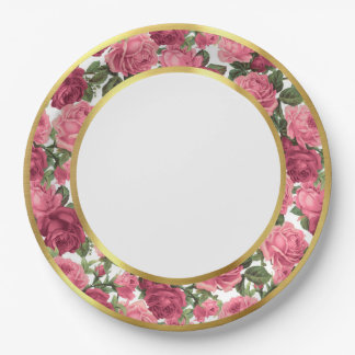 Antique Pink & Dk Pink Victorian Garden Roses Gold Paper Plate