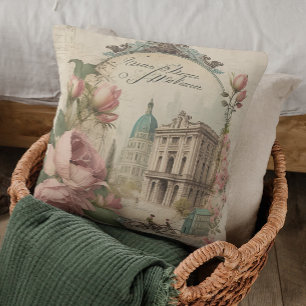 Antique Pink Floral Vintage Bicycle French Paris Cushion
