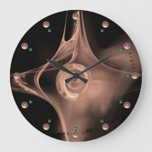 ANTIQUE PINK FRACTAL ROSE IN BLACK WITH GEMSTONES LARGE CLOCK