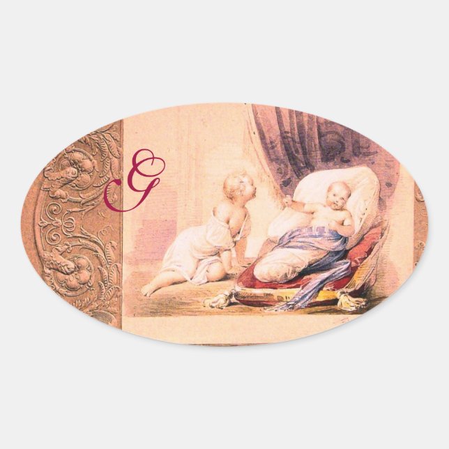 ANTIQUE PINK GIRL BABY SHOWER MONOGRAM OVAL STICKER (Front)