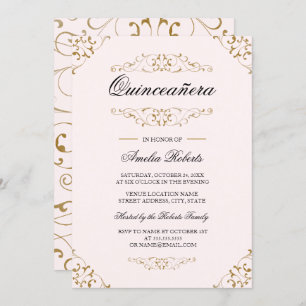 Antique Pink Gold Flourish Quinceanera Invitation