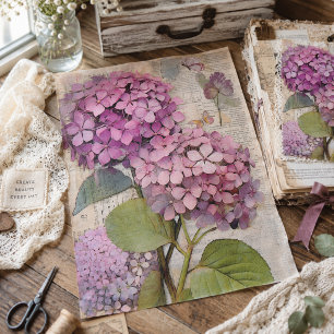 Antique Pink Hydrangea Ephemera Script Decoupage Tissue Paper