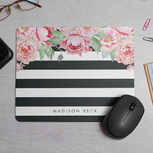 Antique Pink Peony & Charcoal Stripe Mouse Pad