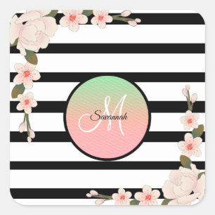 Antique Pink Peony & Charcoal Stripe Square Sticker