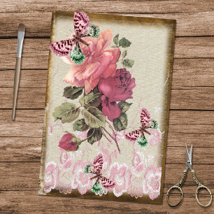 Antique Pink Roses Butterflies and Lace Tissue Paper